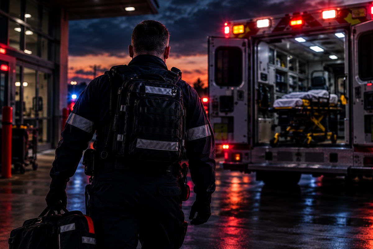 Paramedic responding beside an ambulance at dusk