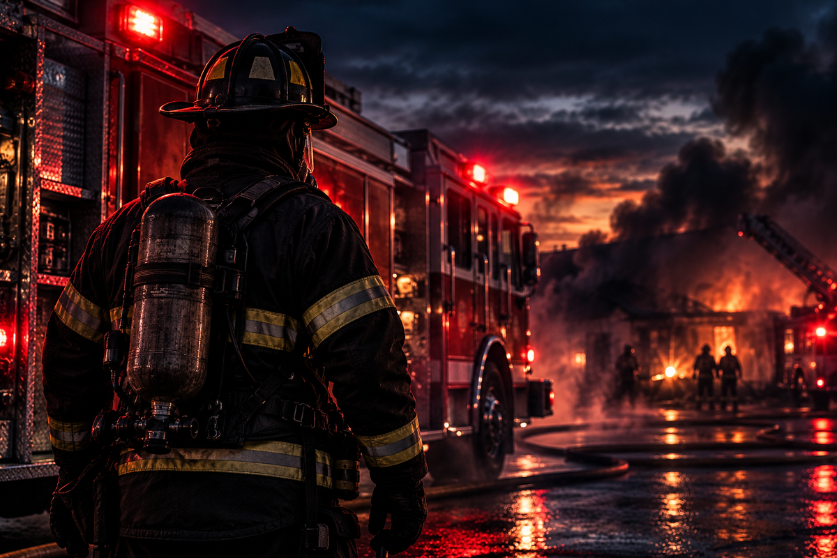 Firefighter and fire engine responding to a structure fire