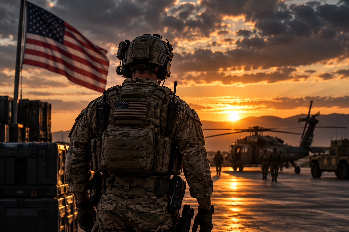 Military service member on an airfield at sunset