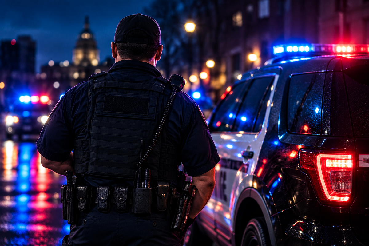 Police officer beside patrol vehicles at night